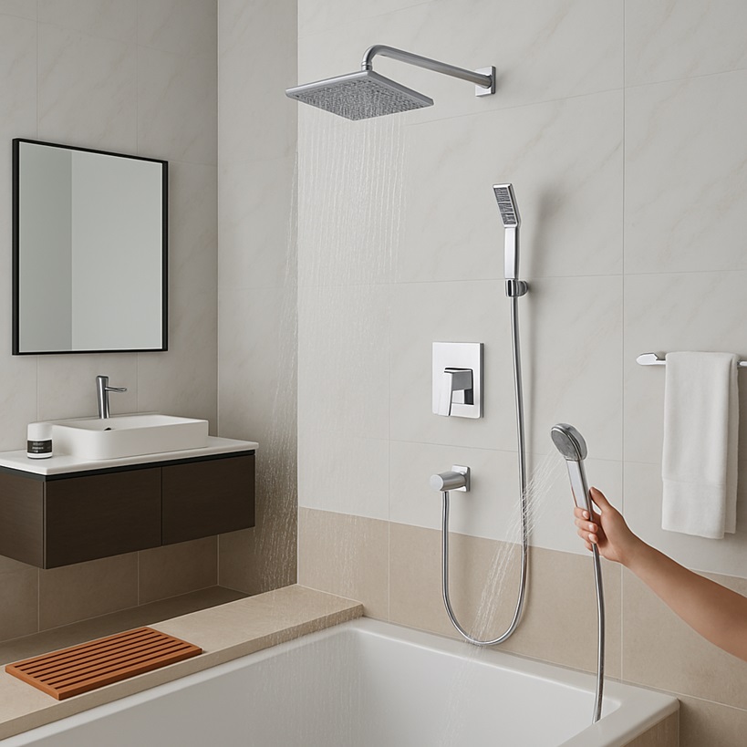 Representative FontanaShowers wall-mounted shower system with handheld in a hospitality bathroom